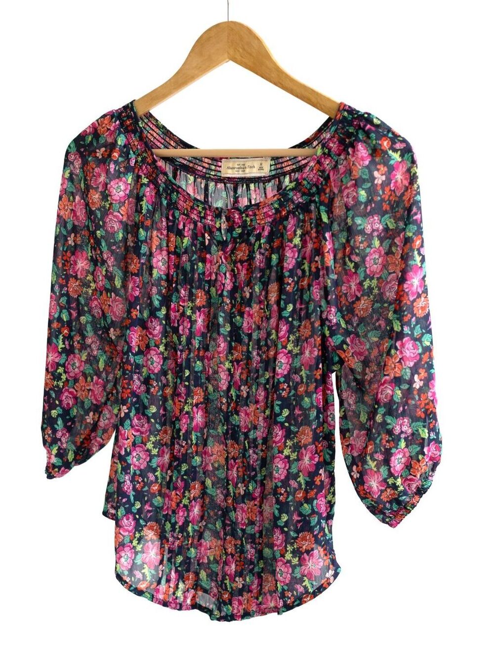 Abercrombie & Fitch Floral Peasant Top Medium Sheer Boho Blouse